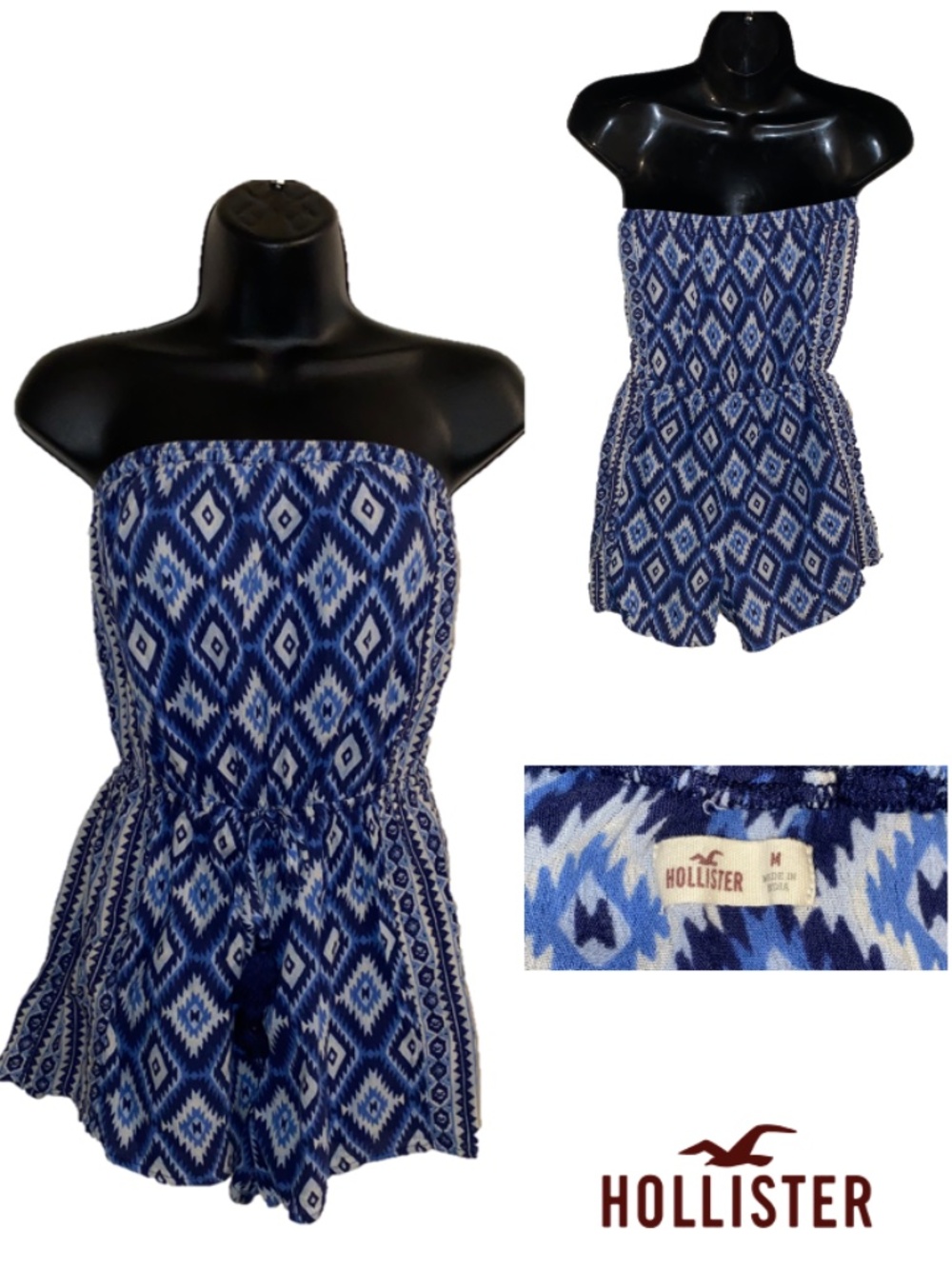 Hollister Co. Strapless Blue Diamond Patterned Romper Size Medium